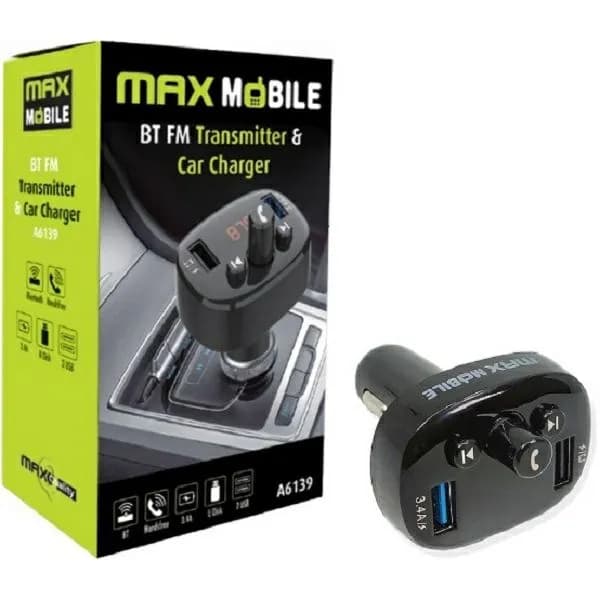 Auto punjač i transmiter Max Mobile 3U1 A6139, 2xUSB-A, FM, Bluetooth, 17W, crni