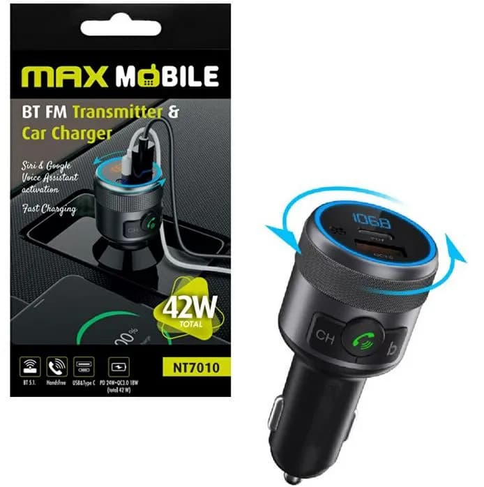 Auto punjač i transmiter Max Mobile 3U1 NT7010, 1xUSB-A, 1xUSB-C, FM, Bluetooth, crni