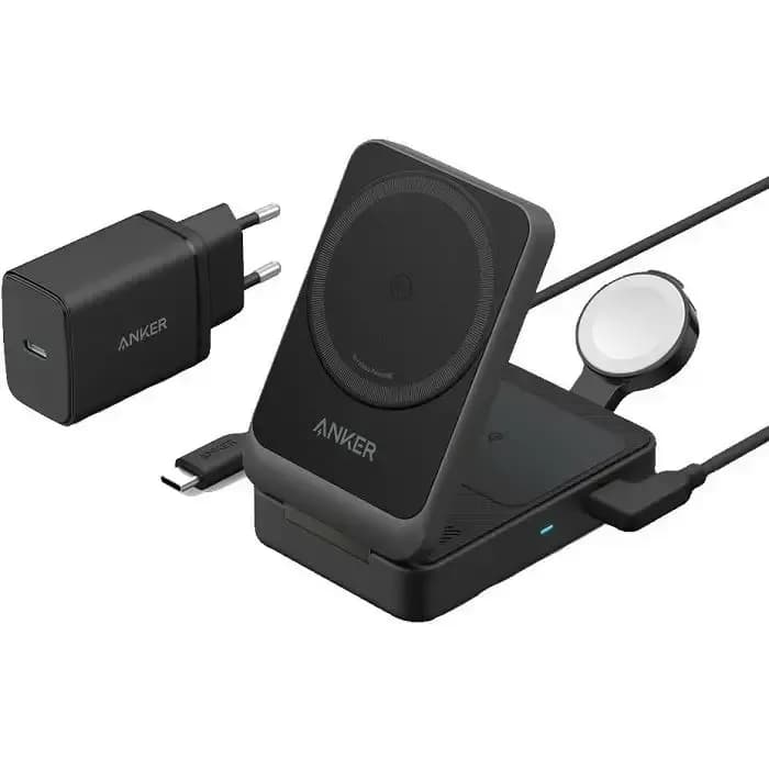 Bežični punjač Anker MagGo Foldable 3-u-1 B2557311, 25W, USB-C na USB-C kabel, Black