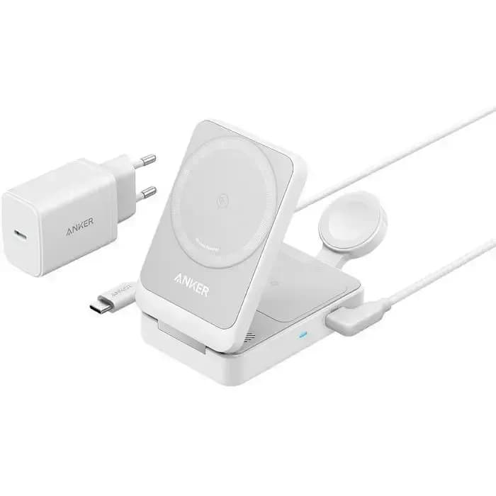 Bežični punjač Anker MagGo Foldable 3-u-1 B2557321, 25W, USB-C na USB-C kabel, bijeli