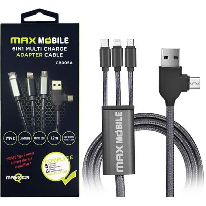 Kabel Max Mobile 6u1, USB-A (M) + Micro USB (M) na Micro USB (M) + USB-C (M) + Lightning (M), 1.2m, crno-sivi