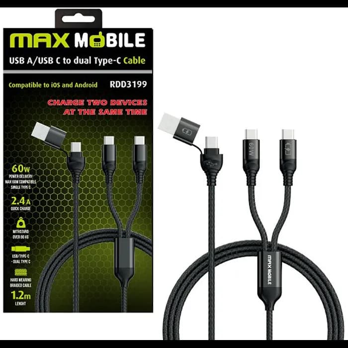 Kabel Max Mobile RDD3199, USB-A (M) + USB-C (M) na 2xUSB-C (M), 1.2m, crni