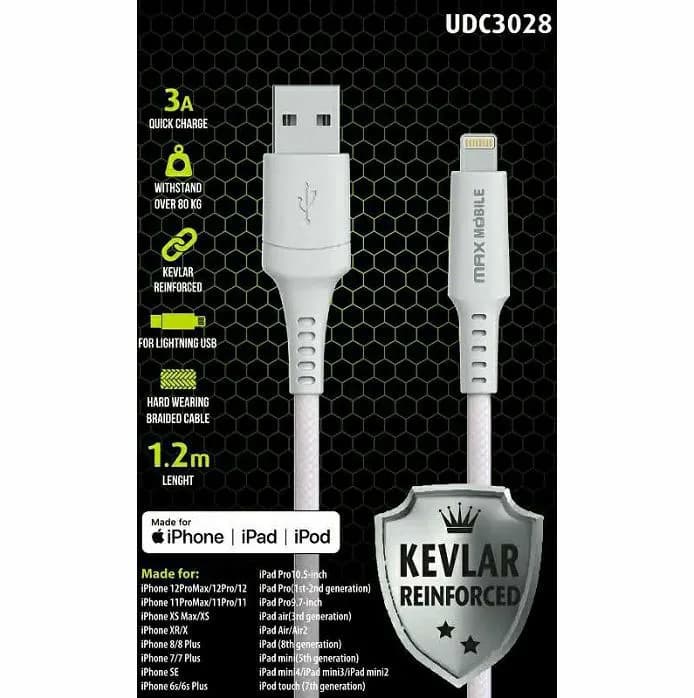 Kabel Max Mobile UDC3028, USB-A (M) na Lightning (M), 1.2m, bijeli