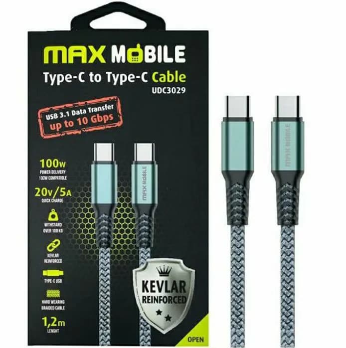 Kabel Max Mobile UDC3029, USB-C (M) na USB-C (M), 1.2m, sivi