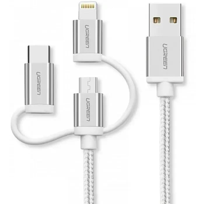 Kabel Ugreen 50203, 3u1, USB-A (M) na Micro USB (M) + USB-C (M) + Lightning (M), 1.5m, bijeli