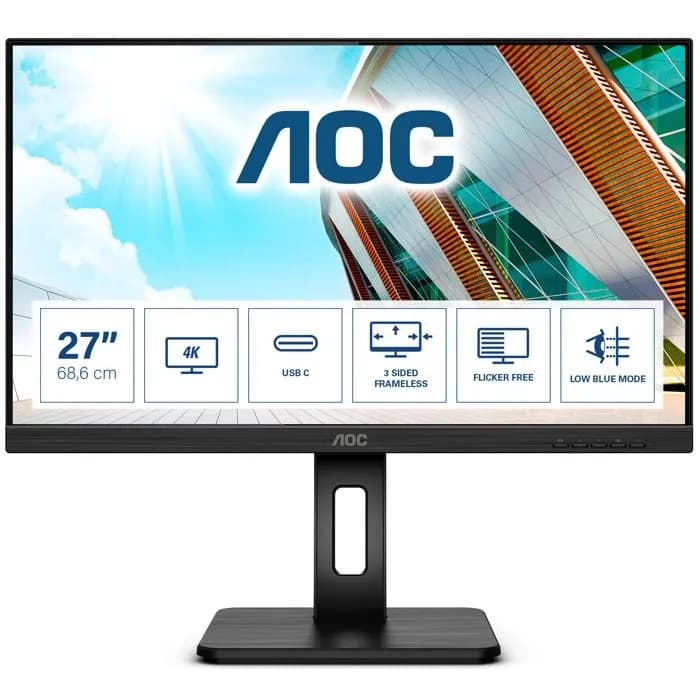 Monitor AOC 27" U27P2CA, IPS, Adaptive-Sync, 2xHDMI, DP, 4xUSB 3.2, USB-C, Zvučnici, Pivot, 4K