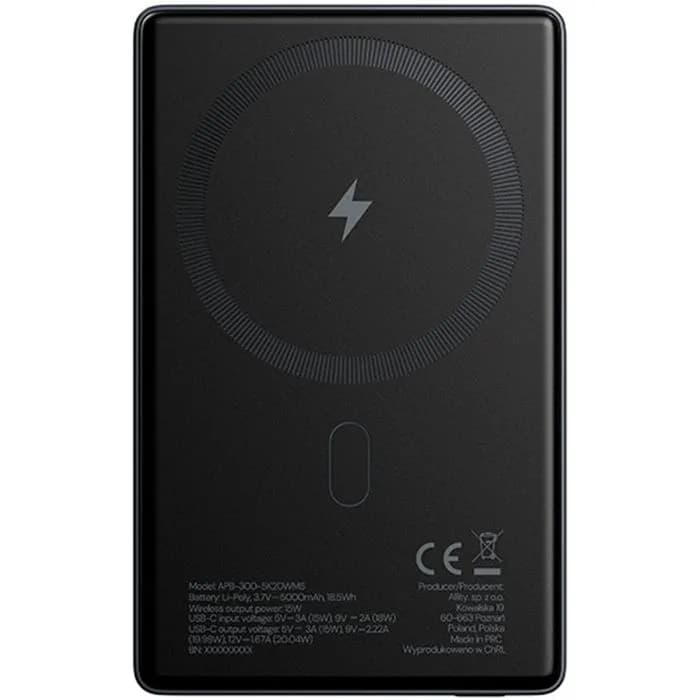 Power Bank Allity APB-300 PD QC, 5000mAh, 20W, bežično magnetsko punjenje, sivi