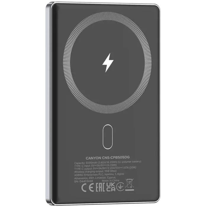Power bank Canyon OnPower 505, 5000mAh, 20W, USB-C, bežično magnetsko punjenje, tamno sivi