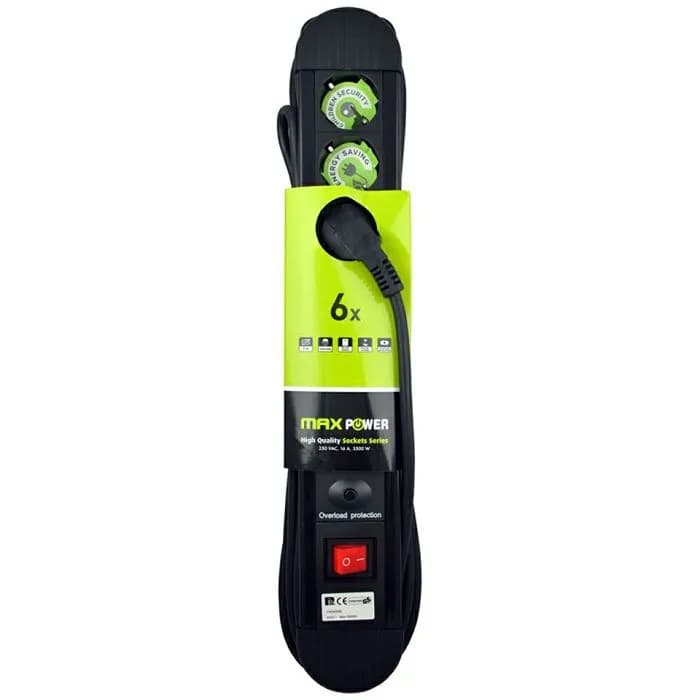 Produžna letva Maxpower FRGKD06, prenaponska zaštita, 6xŠuko, 3.0m, crna
