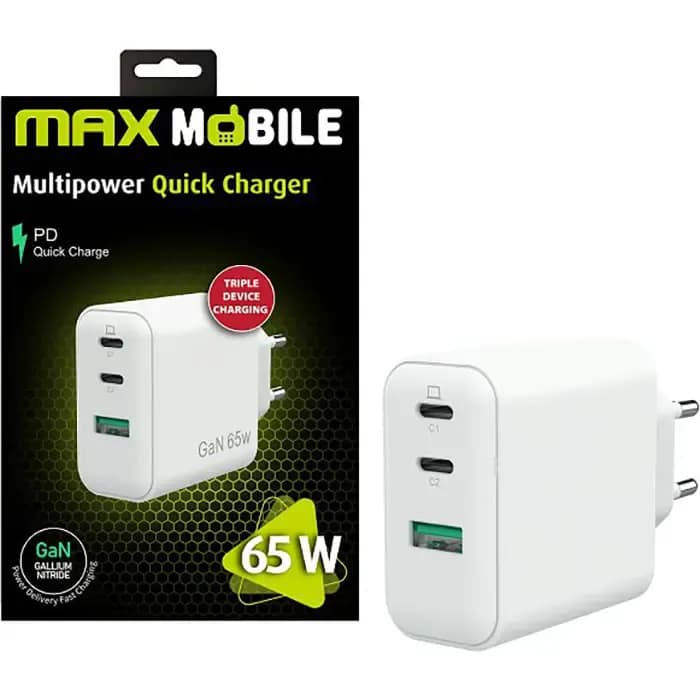 Strujni punjač Max Mobile 3UTR2076-QP, 65W Quick Charge, 2xUSB-C, USB-A, bijeli