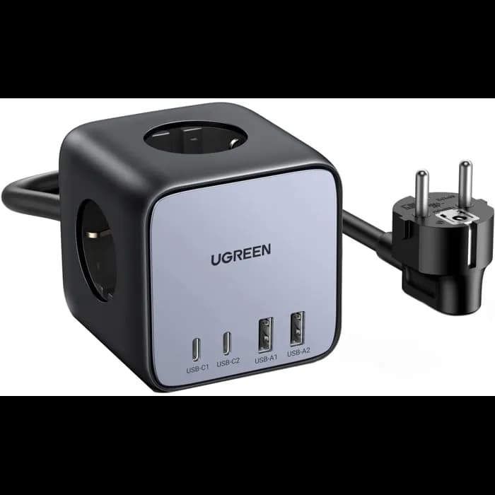 Strujni punjač Ugreen DigiNest Cube 60113, 65W, 2xUSB-A, 2xUSB-C, 3xŠuko, sivi