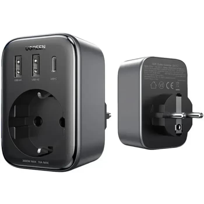 Strujni punjač Ugreen Nexode 90613, 4-u-1, 30W, 2xUSB-A, USB-C, Šuko, crni