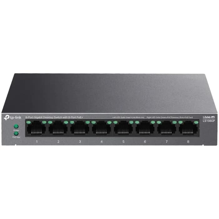Switch TP-Link LS108GP, 8 portni, 8x10/100/1000Mbps PoE+, unmanaged, crni