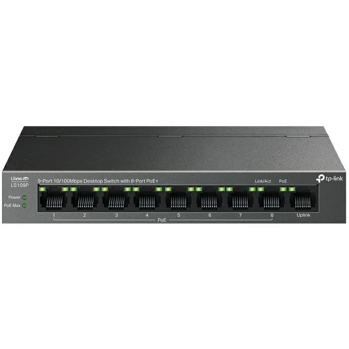 Switch TP-Link LS109P, 9 portni, 1×10/100Mbps, 8×10/100 Mbps PoE 63W, unmanaged, crni