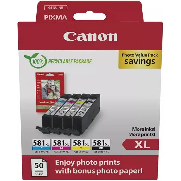 Tinta Canon CL-581XL, 2052C006, Black + Color (Multipack) + Foto papir Canon Plus Glossy II