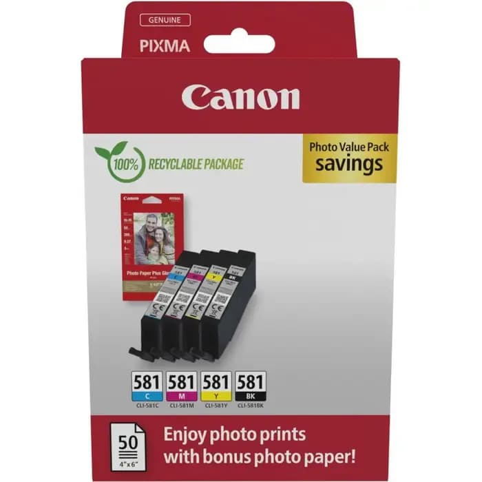 Tinta Canon CLI-581, 2106C006, Black + Color (Multipack) + Foto papir Canon glossy photo paper