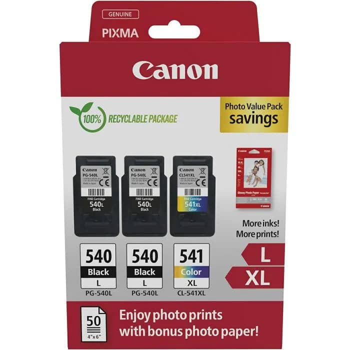Tinta Canon PG-540L + CL-541XL, 5224B017, 2 Black + 1 Color (Multipack) + Foto papir Canon Photo Paper GP-501