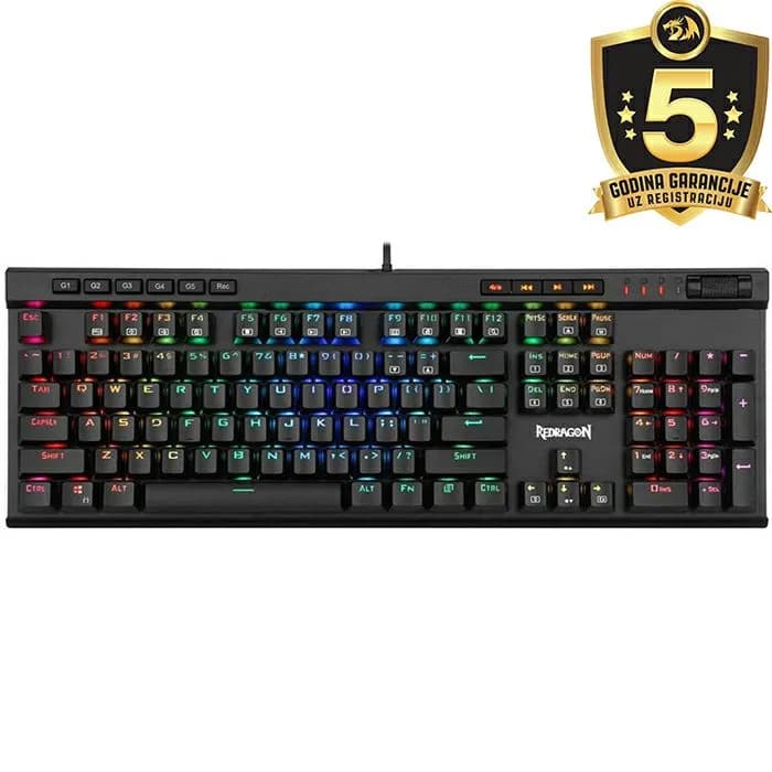 Tipkovnica Redragon Vata K580 RGB, žičana, gaming, mehanička, blue switches, RGB, crna