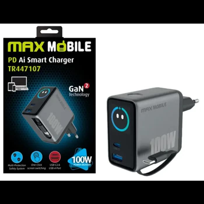 Strujni punjač Max Mobile TR-447207, 100W Quick Charge, USB-C, USB-A, USB-C Kabel, Gray