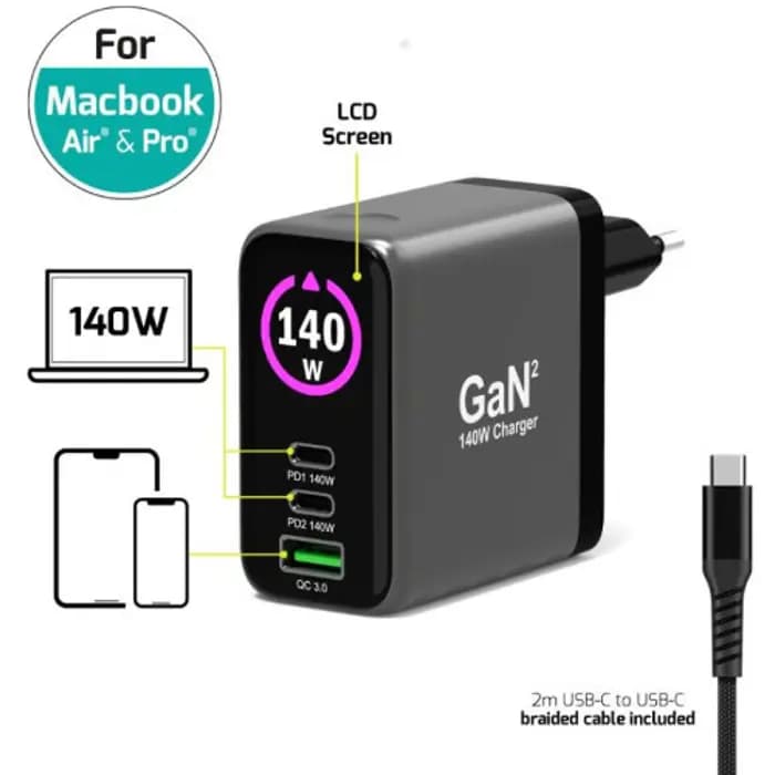 Strujni punjač Port, 140W, USB-C, siva