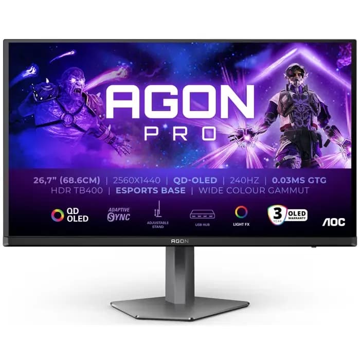 AOC Monitor LED AG276QZD2 AGON PRO 26.7" 2560x1440 QD-OLED Adaptive Sync 240Hz 0.03ms 250 cd/m2 3-sided frameless FULL ERGO 2xHDMI 2xDP USB Hub
