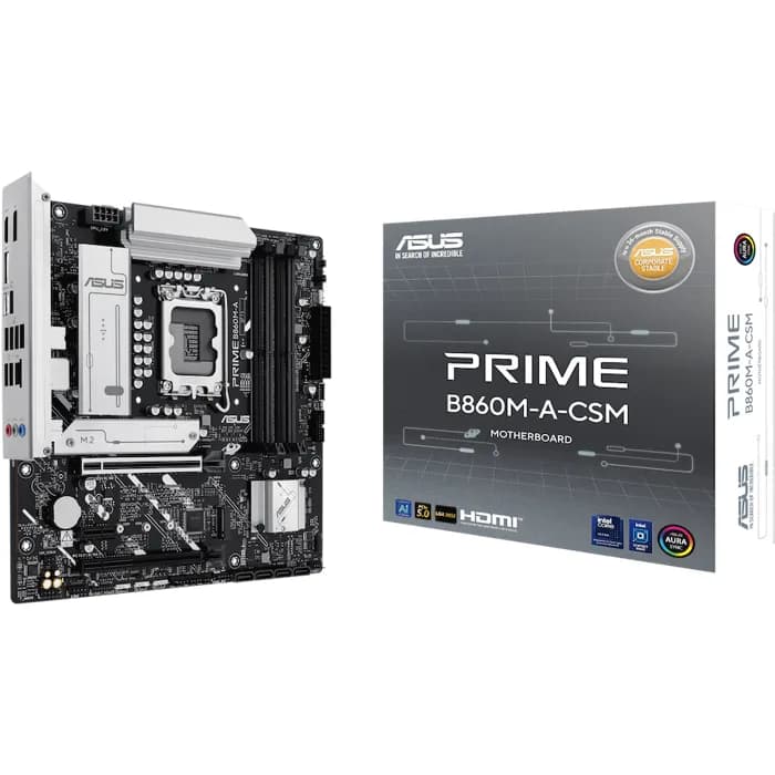 ASUS PRIME B860M-A-CSM LGA1851 mATX MB - Intel B860 4xDIMM DDR5 2xM.2 4xSATA PCIe 5.0 2.5Gb Ethernet 2xDisplayPort 1xHDMI with Aura Sync