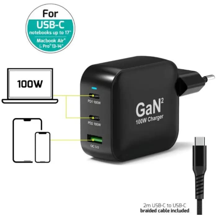 Strujni punjač Port, 100W, USB-C, Black